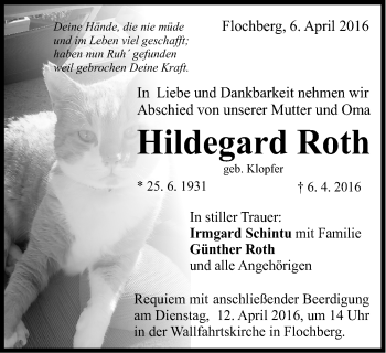 Traueranzeige von Hildegard Roth von Schwäbische Post