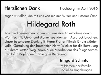 Traueranzeige von Hildegard Roth von Schwäbische Post