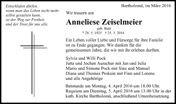 Traueranzeige von Anneliese Zeiselmeier von Gmünder Tagespost