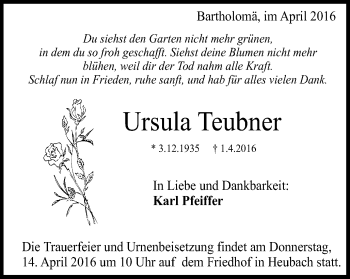 Traueranzeige von Ursula Teubner von Gmünder Tagespost