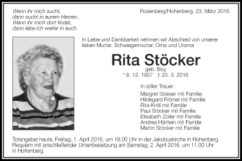 Traueranzeige von Rita Stöcker von Schwäbische Post