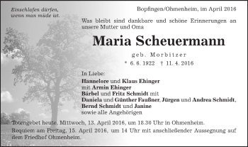 Traueranzeige von Maria Scheuermann von Schwäbische Post