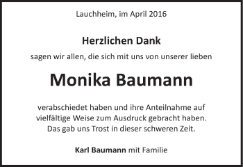 Traueranzeige von Monika Baumann von Schwäbische Post