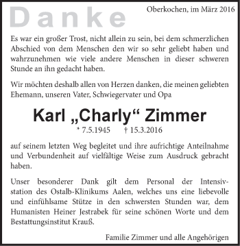 Traueranzeige von Karl  Zimmer von Amtsblatt_Oko