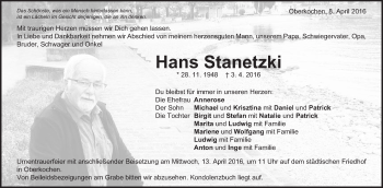 Traueranzeige von Hans Stanetzki von Amtsblatt_Oko
