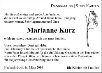 Traueranzeige von Marianne Kurz von Gmünder Tagespost