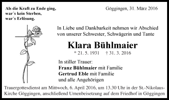 Traueranzeige von Klara Bühlmaier