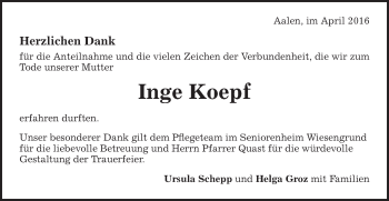 Traueranzeige von Inge Koepf von Schwäbische Post
