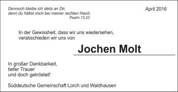 Traueranzeige von Jochen Molt von Gmünder Tagespost