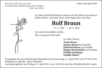 Traueranzeige von Rolf Braun von Schwäbische Post