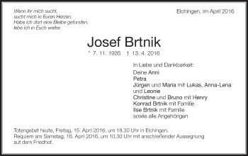 Traueranzeige von Josef Brtnik von Schwäbische Post