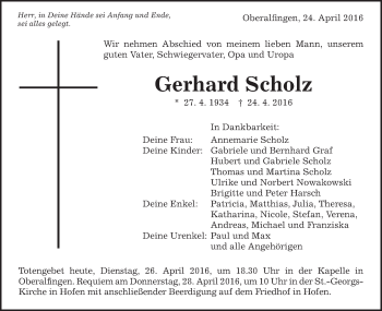 Traueranzeige von Gerhard Scholz von Schwäbische Post