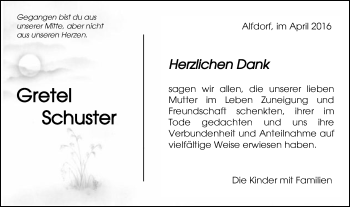 Traueranzeige von Gretel Schuster von Gmünder Tagespost