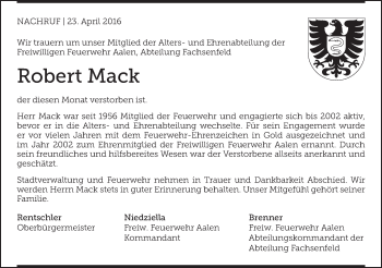 Traueranzeige von Robert Mack von Schwäbische Post
