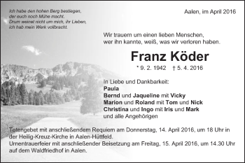 Traueranzeige von Franz Köder von Schwäbische Post