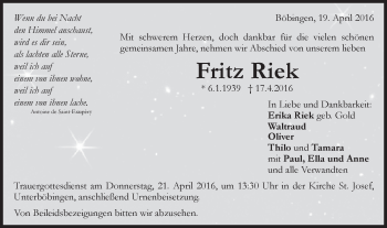 Traueranzeige von Fritz Riek von Gmünder Tagespost