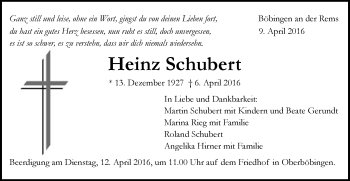 Traueranzeige von Heinz Schubert von Gmünder Tagespost