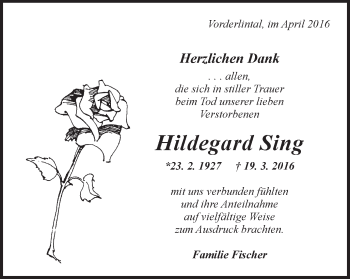 Traueranzeige von Hildegard Sing von Gmünder Tagespost