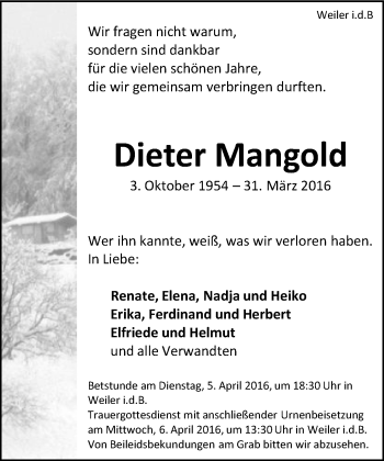 Traueranzeige von Dieter Mangold von Gmünder Tagespost