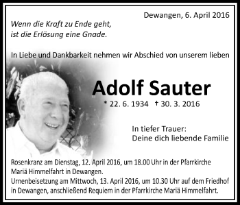 Traueranzeige von Adolf Sauter von Schwäbische Post