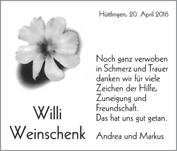 Traueranzeige von Willi Weinschenk von Schwäbische Post