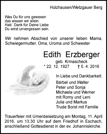 Traueranzeige von Edith Erzberger von Gmünder Tagespost