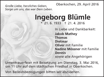 Traueranzeige von Ingeborg Blümle von Schwäbische Post