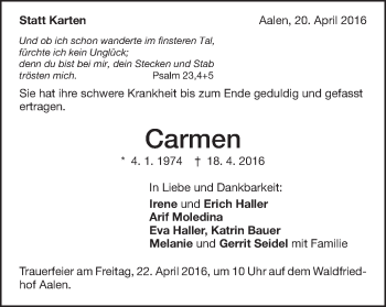 Traueranzeige von Carmen  von Schwäbische Post