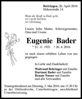 Traueranzeige von Eugenie Bader von Gmünder Tagespost