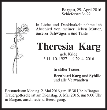 Traueranzeige von Theresia Karg von Gmünder Tagespost
