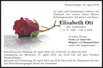 Traueranzeige von Elisabeth Ott von Schwäbische Post