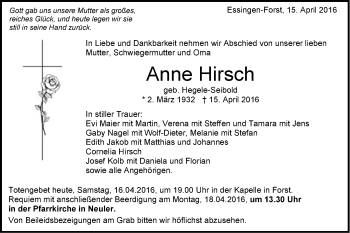 Traueranzeige von Anne Hirsch von Schwäbische Post