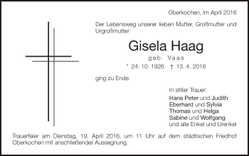 Traueranzeige von Gisela Haag von Schwäbische Post