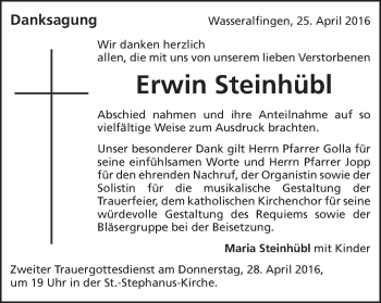 Traueranzeige von Erwin Steinhübl von Schwäbische Post
