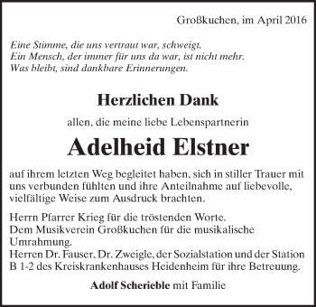 Traueranzeige von Adelheid Elstner von Schwäbische Post