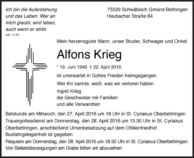  Traueranzeige für Alfons Krieg vom 26.04.2016 aus Gmünder Tagespost