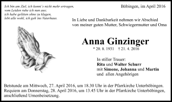 Traueranzeige von Anna Ginzinger von Gmünder Tagespost