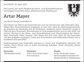 Traueranzeige von Artur Mayer von Schwäbische Post