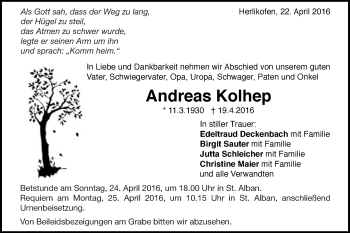 Traueranzeige von Andreas Kolhep von Gmünder Tagespost