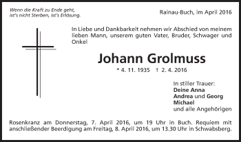 Traueranzeige von Johann Grolmuss von Schwäbische Post