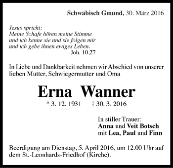 Traueranzeige von Erna Wanner von Gmünder Tagespost