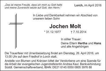 Traueranzeige von Jochen Molt von Gmünder Tagespost