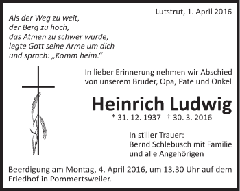 Traueranzeige von Heinrich Ludwig von Schwäbische Post