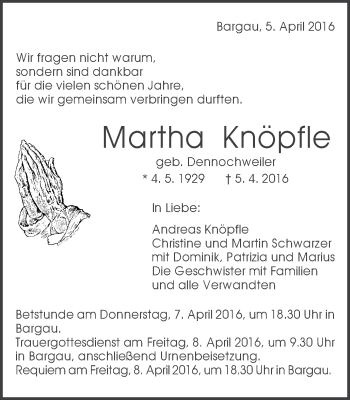 Traueranzeige von Martha Knöpfle von Gmünder Tagespost