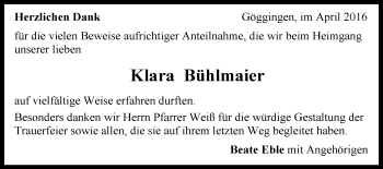 Traueranzeige von Klara Bühlmaier von Gmünder Tagespost