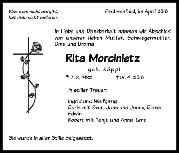 Traueranzeige von Rita Morcinietz von Schwäbische Post