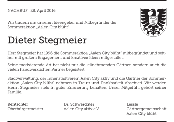 Traueranzeige von Dieter Stegmeier von Schwäbische Post