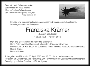 Traueranzeige von Franziska Krämer von Schwäbische Post