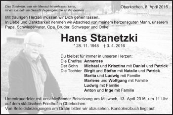 Traueranzeige von Hans Stanetzki von Amtsblatt_Oko