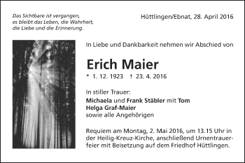 Traueranzeige von Erich Maier von Schwäbische Post